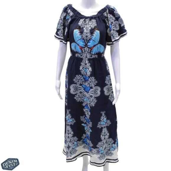 FARM Rio | Dresses | Farm Rio Blooming Garden Butterfly Offshoulder Dress  Xs Blue Linen Blend | Poshmark